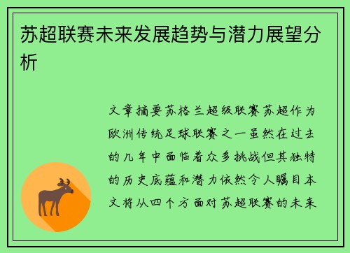 苏超联赛未来发展趋势与潜力展望分析