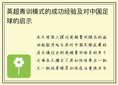 英超青训模式的成功经验及对中国足球的启示